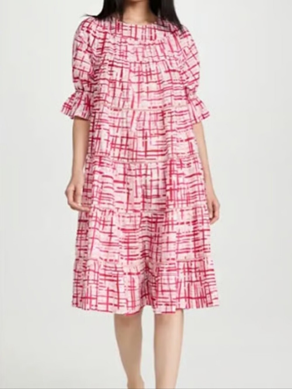 Merlette S Paradis Puff Sleeve Tiered Dress Pink Berry Crosshatch🩷